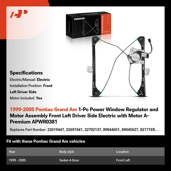 1999-2005 Pontiac Grand Am 1-Pc Power Window Regulator and Motor Assembly Front Left Driver Side Electric with Motor A-Premium APWR0381