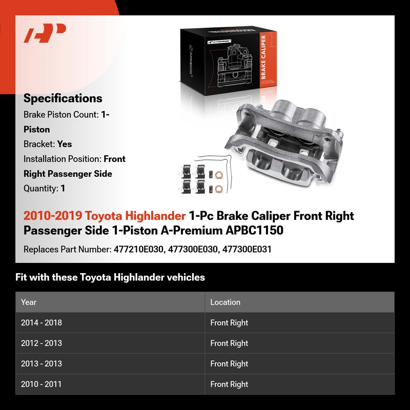 2010-2019 Toyota Highlander 1-Pc Brake Caliper Front Right Passenger Side 1-Piston A-Premium APBC1150