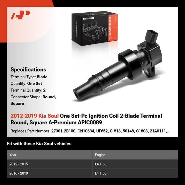2012-2019 Kia Soul One Set-Pc Ignition Coil 2-Blade Terminal Round, Square A-Premium APIC0089