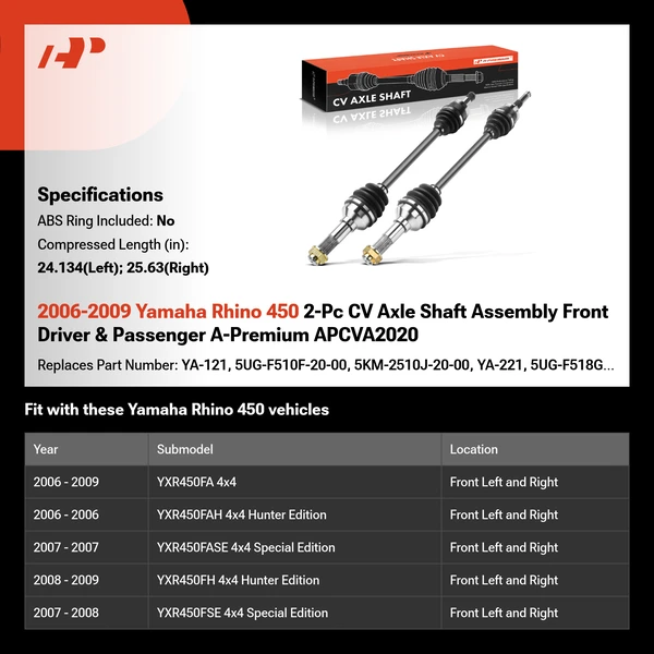2006-2009 Yamaha Rhino 450 2-Pc CV Axle Shaft Assembly Front Driver & Passenger A-Premium APCVA2020