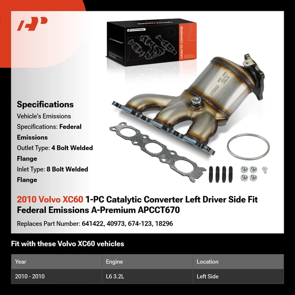 2010 Volvo XC60 1-PC Catalytic Converter Left Driver Side Fit Federal Emissions A-Premium APCCT670