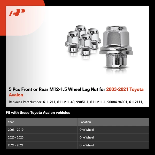 5 Pcs Front or Rear M12-1.5 Wheel Lug Nut for 2003-2021 Toyota Avalon