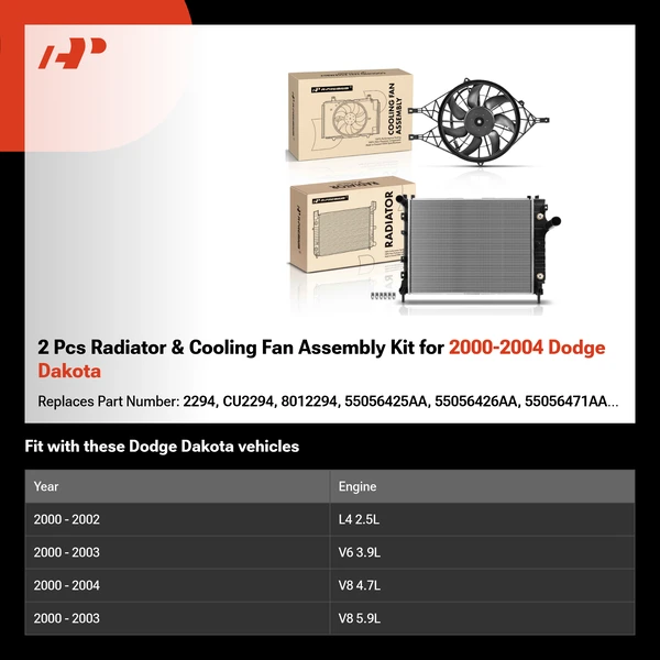 2 Pcs Radiator & Cooling Fan Assembly Kit for 2000-2004 Dodge Dakota