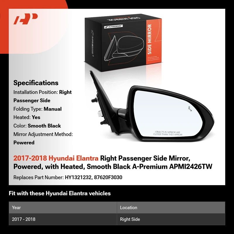 2017-2018 Hyundai Elantra Right Passenger Side Mirror, Powered, with Heated, Smooth Black A-Premium APMI2426TW