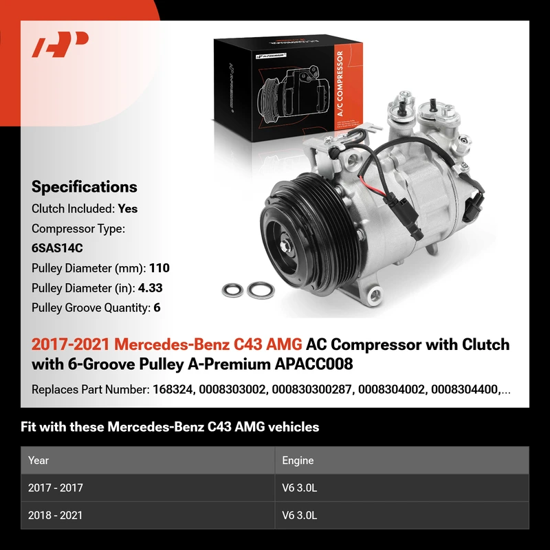 2017-2021 Mercedes-Benz C43 AMG AC Compressor with Clutch with 6-Groove Pulley A-Premium APACC008