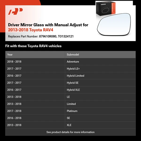 Driver Mirror Glass with Manual Adjust for 2013-2018 Toyota RAV4