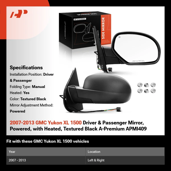 2007-2013 GMC Yukon XL 1500 Driver & Passenger Mirror, Powered, with Heated, Textured Black A-Premium APMI409