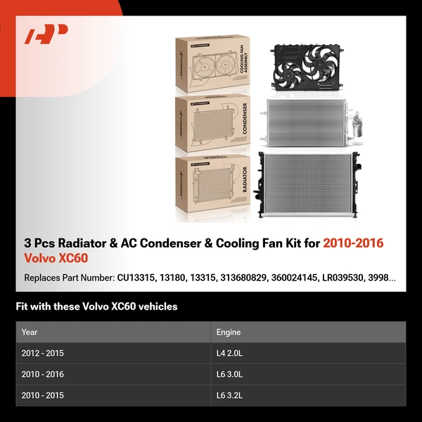 3 Pcs Radiator & AC Condenser & Cooling Fan Kit for 2010-2016 Volvo XC60