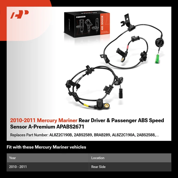 2010-2011 Mercury Mariner Rear Driver & Passenger ABS Speed Sensor A-Premium APABS2671
