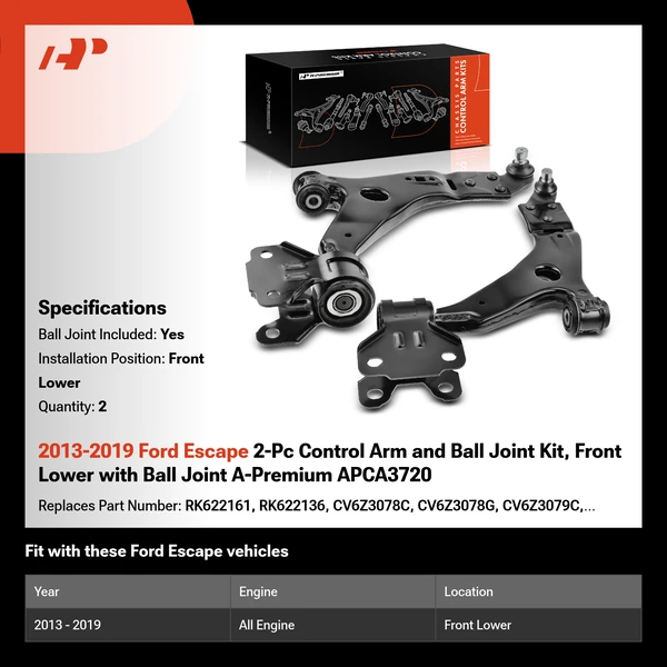 2013-2019 Ford Escape 2-Pc Control Arm and Ball Joint Kit, Front Lower with Ball Joint A-Premium APCA3720