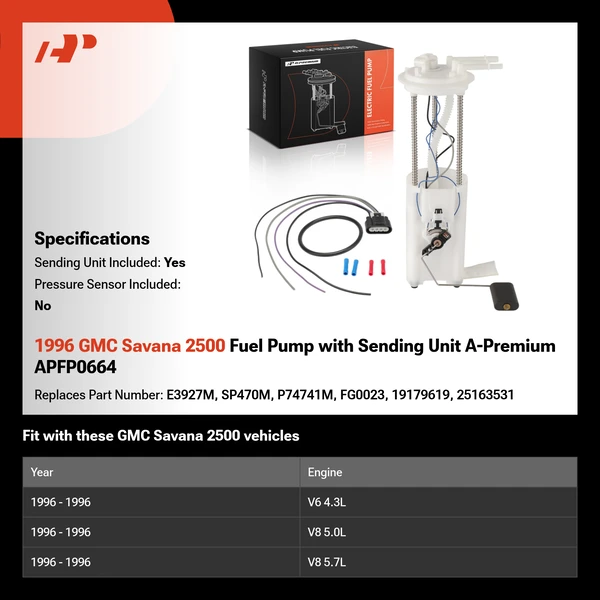 1996 GMC Savana 2500 Fuel Pump with Sending Unit A-Premium APFP0664