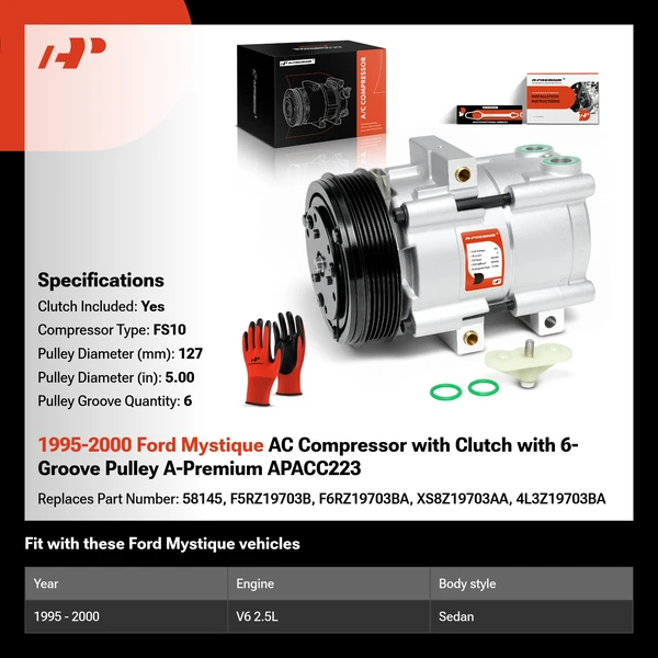 1995-2000 Ford Mystique AC Compressor with Clutch with 6-Groove Pulley A-Premium APACC223