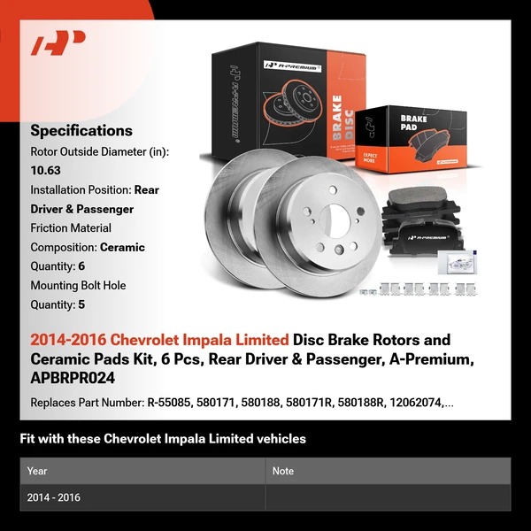 2014-2016 Chevrolet Impala Limited Disc Brake Rotors and Ceramic Pads Kit, 6 Pcs, Rear Driver & Passenger, A-Premium, APBRPR024