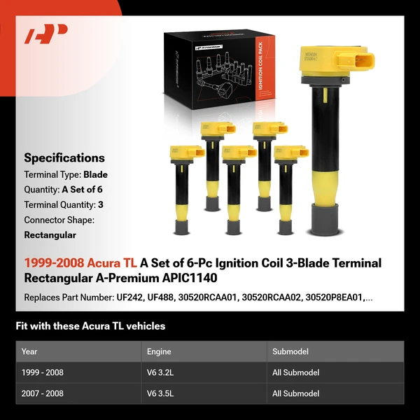 1999-2008 Acura TL A Set of 6-Pc Ignition Coil 3-Blade Terminal Rectangular A-Premium APIC1140