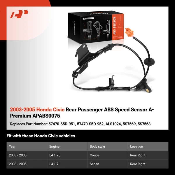 2003-2005 Honda Civic Rear Passenger ABS Speed Sensor A-Premium APABS0075