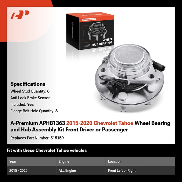 A-Premium APHB1363 2015-2020 Chevrolet Tahoe Wheel Bearing and Hub Assembly Kit Front Driver or Passenger