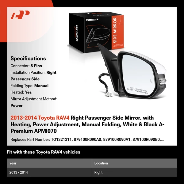 2013-2014 Toyota RAV4 Right Passenger Side Mirror, with Heating, Power Adjustment, Manual Folding, White & Black A-Premium APMI070