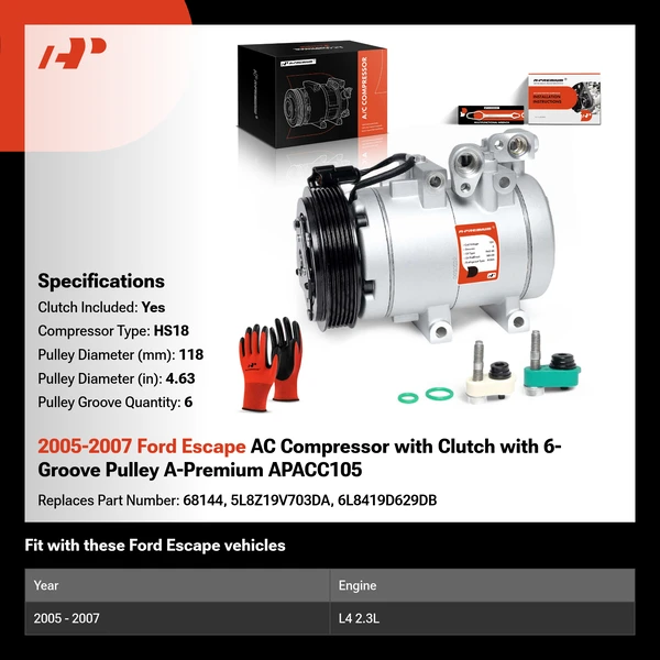 2005-2007 Ford Escape AC Compressor with Clutch with 6-Groove Pulley A-Premium APACC105