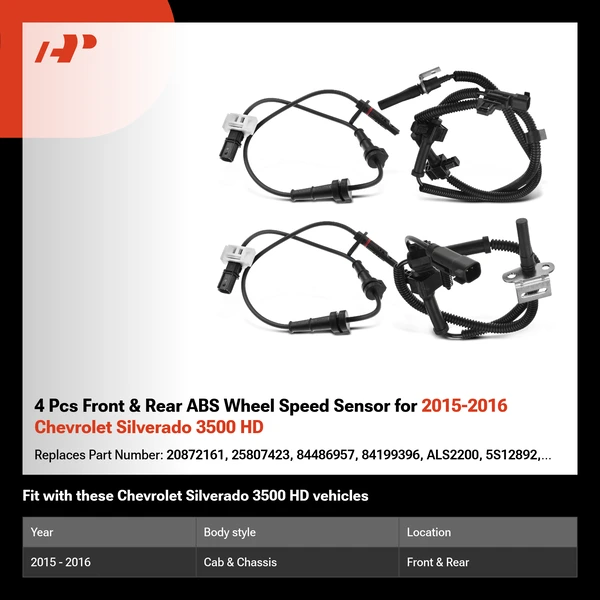 4 Pcs Front & Rear ABS Wheel Speed Sensor for 2015-2016 Chevrolet Silverado 3500 HD
