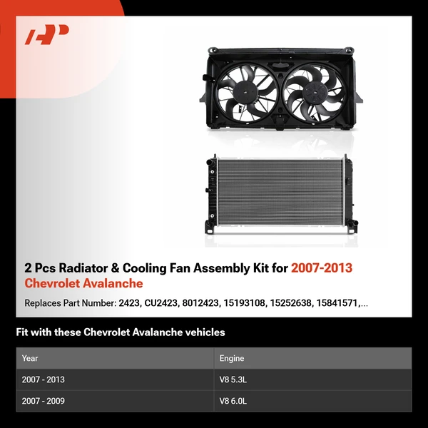 2 Pcs Radiator & Cooling Fan Assembly Kit for 2007-2013 Chevrolet Avalanche