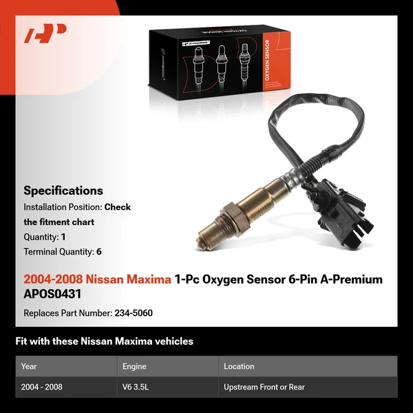2004-2008 Nissan Maxima 1-Pc Oxygen Sensor 6-Pin A-Premium APOS0431