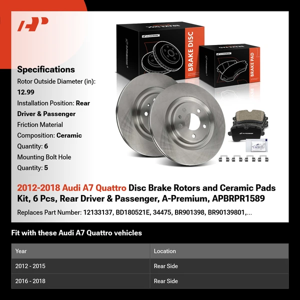 2012-2018 Audi A7 Quattro Disc Brake Rotors and Ceramic Pads Kit, 6 Pcs, Rear Driver & Passenger, A-Premium, APBRPR1589