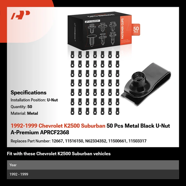 1992-1999 Chevrolet K2500 Suburban 50 Pcs Metal Black U-Nut A-Premium APRCF2368