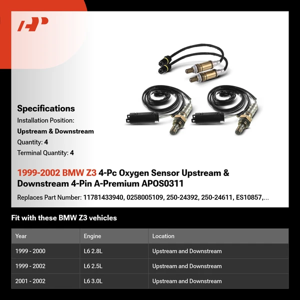 1999-2002 BMW Z3 4-Pc Oxygen Sensor Upstream & Downstream 4-Pin A-Premium APOS0311