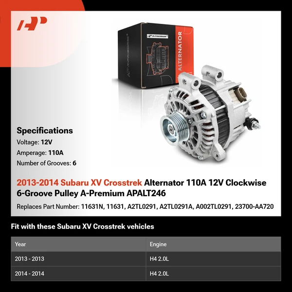 2013-2014 Subaru XV Crosstrek Alternator 110A 12V Clockwise 6-Groove Pulley A-Premium APALT246