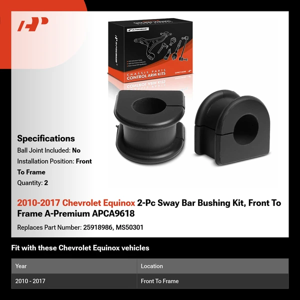 2010-2017 Chevrolet Equinox 2-Pc Sway Bar Bushing Kit, Front To Frame A-Premium APCA9618
