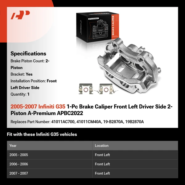 2005-2007 Infiniti G35 1-Pc Brake Caliper Front Left Driver Side 2-Piston A-Premium APBC2022