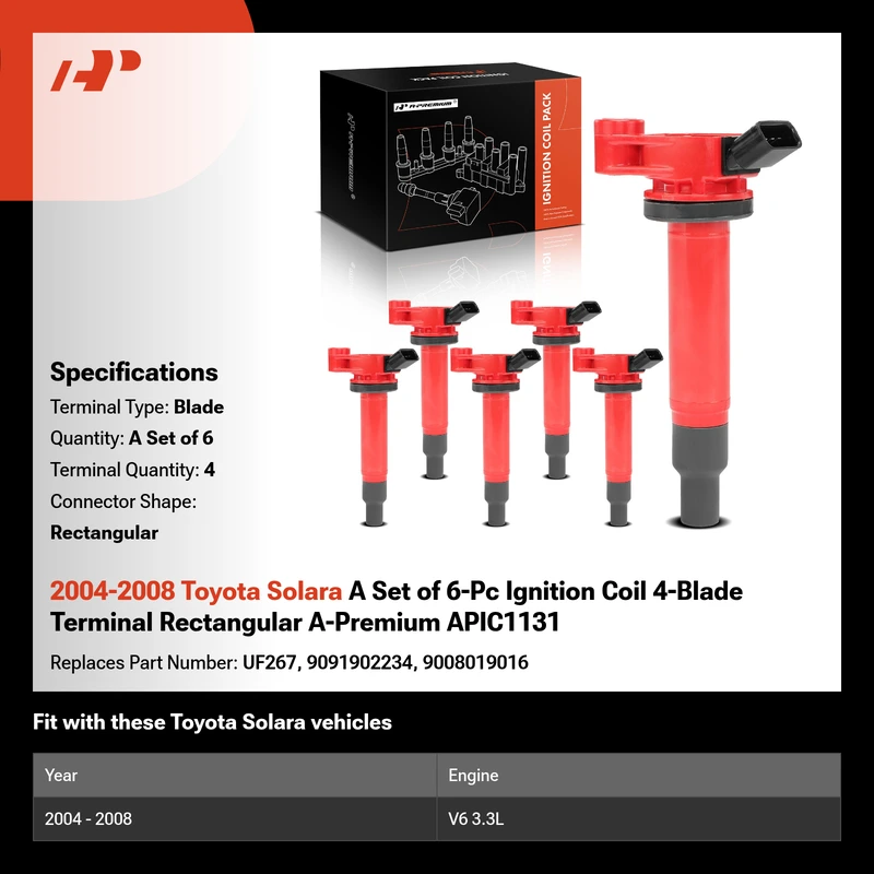 2004-2008 Toyota Solara A Set of 6-Pc Ignition Coil 4-Blade Terminal Rectangular A-Premium APIC1131