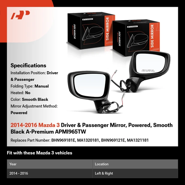 2014-2016 Mazda 3 Driver & Passenger Mirror, Powered, Smooth Black A-Premium APMI965TW