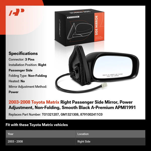 2003-2008 Toyota Matrix Right Passenger Side Mirror, Power Adjustment, Non-Folding, Smooth Black A-Premium APMI1991