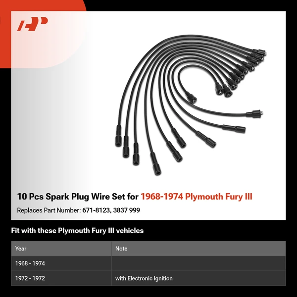 10 Pcs Spark Plug Wire Set for 1968-1974 Plymouth Fury III