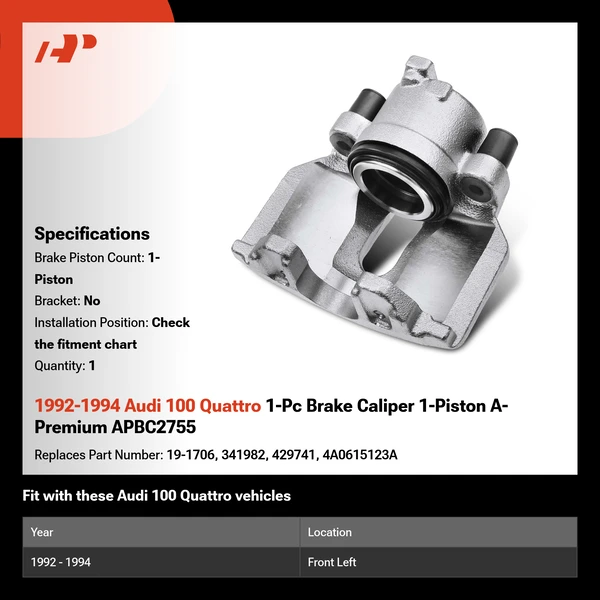 1992-1994 Audi 100 Quattro 1-Pc Brake Caliper 1-Piston A-Premium APBC2755