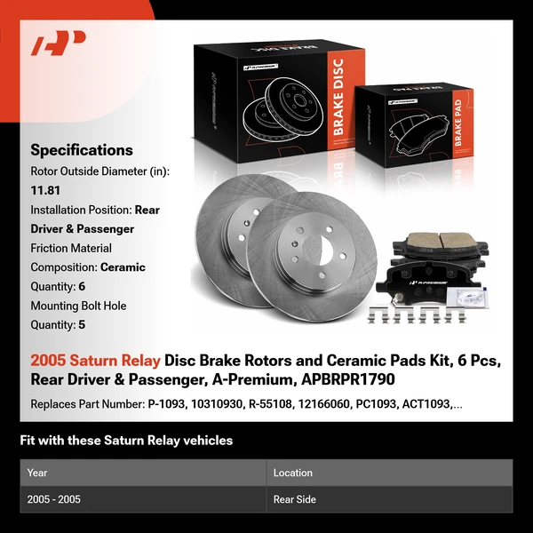 2005 Saturn Relay Disc Brake Rotors and Ceramic Pads Kit, 6 Pcs, Rear Driver & Passenger, A-Premium, APBRPR1790