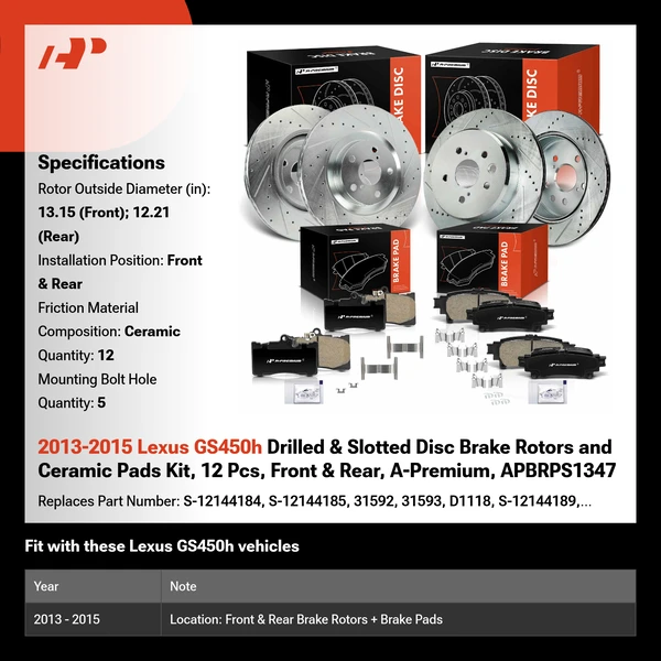 2013-2015 Lexus GS450h Drilled & Slotted Disc Brake Rotors and Ceramic Pads Kit, 12 Pcs, Front & Rear, A-Premium, APBRPS1347