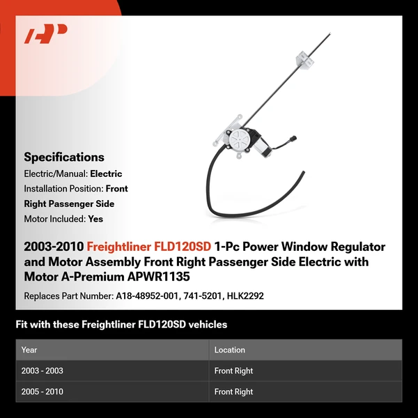 2003-2010 Freightliner FLD120SD 1-Pc Power Window Regulator and Motor Assembly Front Right Passenger Side Electric with Motor A-Premium APWR1135