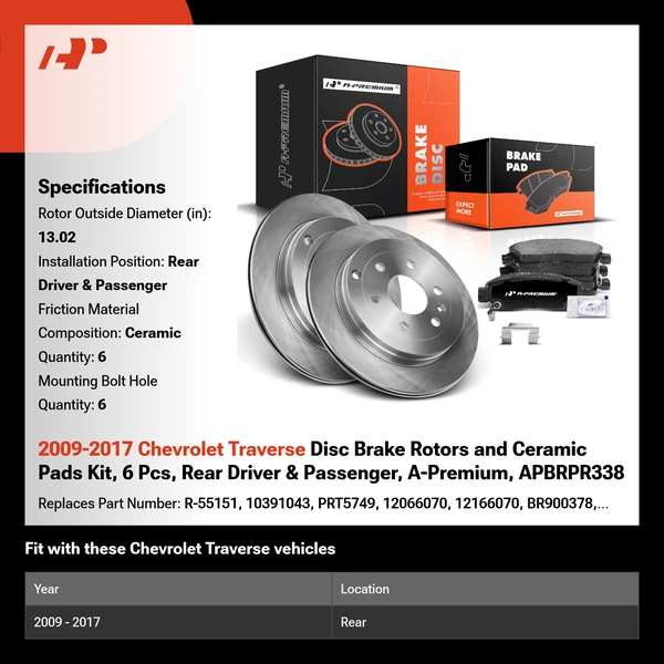 2009-2017 Chevrolet Traverse Disc Brake Rotors and Ceramic Pads Kit, 6 Pcs, Rear Driver & Passenger, A-Premium, APBRPR338
