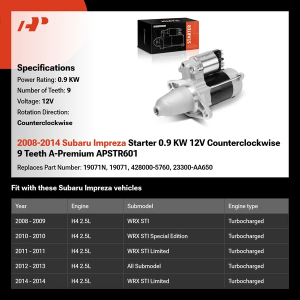 2008-2014 Subaru Impreza Starter 0.9 KW 12V Counterclockwise 9 Teeth A-Premium APSTR601