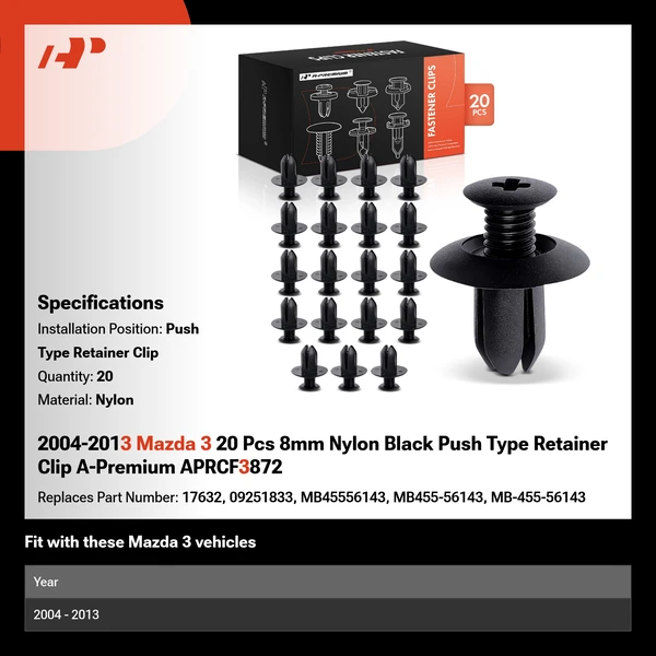 2004-2013 Mazda 3 20 Pcs 8mm Nylon Black Push Type Retainer Clip A-Premium APRCF3872
