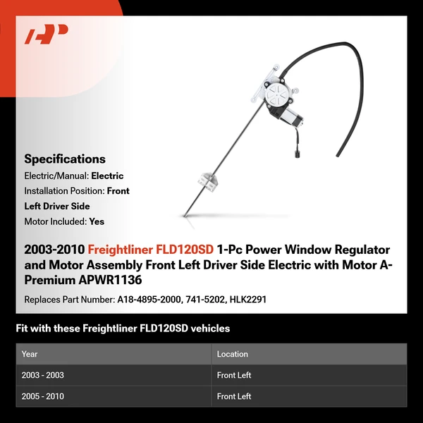 2003-2010 Freightliner FLD120SD 1-Pc Power Window Regulator and Motor Assembly Front Left Driver Side Electric with Motor A-Premium APWR1136