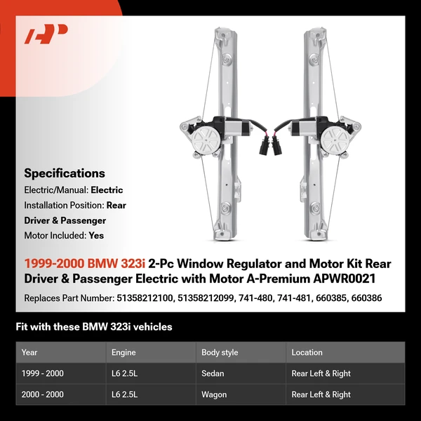 1999-2000 BMW 323i 2-Pc Window Regulator and Motor Kit Rear Driver & Passenger Electric with Motor A-Premium APWR0021