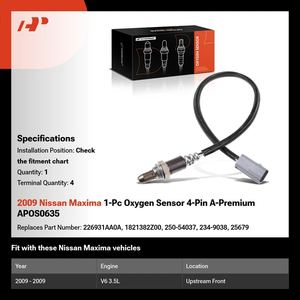 2009 Nissan Maxima 1-Pc Oxygen Sensor 4-Pin A-Premium APOS0635