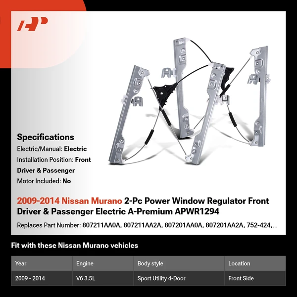2009-2014 Nissan Murano 2-Pc Power Window Regulator Front Driver & Passenger Electric A-Premium APWR1294