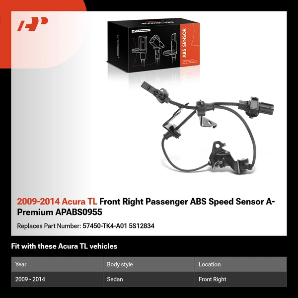 2009-2014 Acura TL Front Right Passenger ABS Speed Sensor A-Premium APABS0955