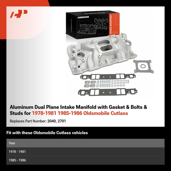 Aluminum Dual Plane Intake Manifold with Gasket & Bolts & Studs for 1978-1981 1985-1986 Oldsmobile Cutlass