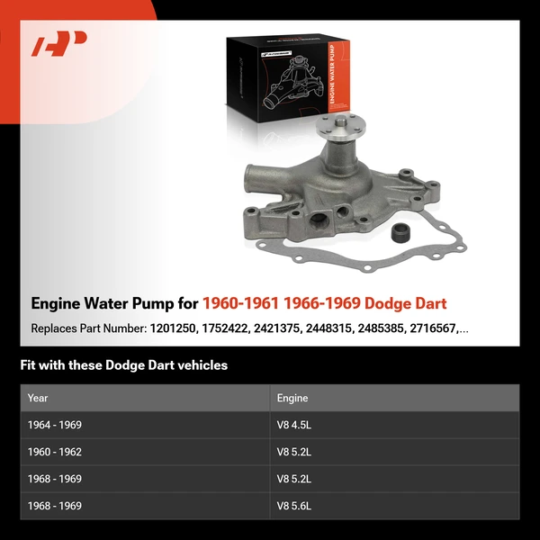 Engine Water Pump for 1960-1961 1966-1969 Dodge Dart