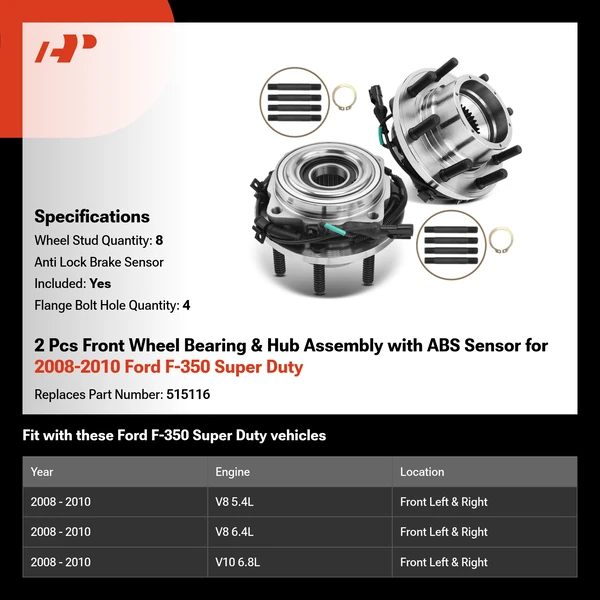 2 Pcs Front Wheel Bearing & Hub Assembly with ABS Sensor for 2008-2010 Ford F-350 Super Duty
